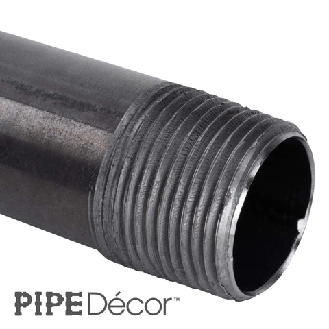 Close-up of a threaded end of a Three Quarter Inch By Ten Inch Black Steel Pipe from a four pack for DIY rustic industrial projects.
