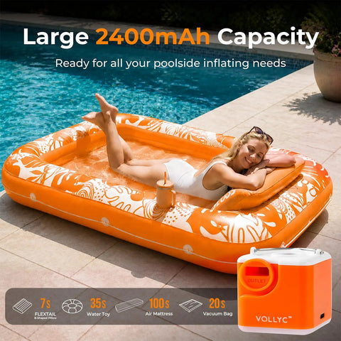 Woman relaxing on pool float next to Ultra Portable Mini Air Pump For Inflatables With 2400mAh Battery, Egg Sized Cordless Pump For Camping Light