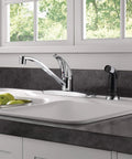 Single Handle Kitchen Sink Faucet With Side Sprayer Chrome Finish 360 Degree Swivel Fits Four Hole Eight Inch Setup Easy Install