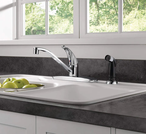 Single Handle Kitchen Sink Faucet With Side Sprayer Chrome Finish 360 Degree Swivel Fits Four Hole Eight Inch Setup Easy Install
