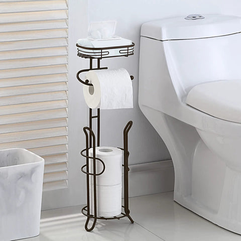Heavyweight Free Standing Toilet Paper Roll Holder With Reserve Shelf Bronze Finish near bathroom essentials