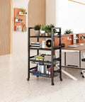 Rolling Metal Storage Cart With Removable Grid Basket And Locking Wheels For Kitchen Pantry And Home Organization in an office setting