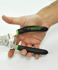 Pro Stainless Wire Stripper Cutter And Crimper Curve tool held in hand, showcasing stainless steel design and ergonomic grip.