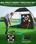 Golfer using All In One 10x7 Foot Golf Practice Net With Tri Turf Mat For Outdoor And Indoor Training, Hitting Aid setup