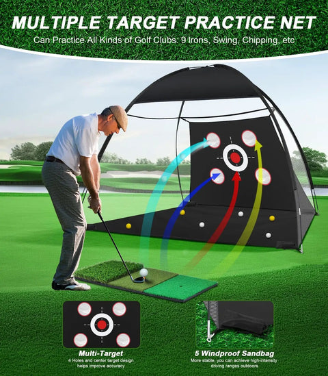 Golfer using All In One 10x7 Foot Golf Practice Net With Tri Turf Mat For Outdoor And Indoor Training, Hitting Aid setup