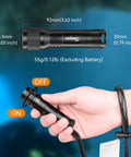 Go-To 650 Lumen Underwater Dive Light Headlamp shown in hand with size dimensions and twist switch labeled "ON"