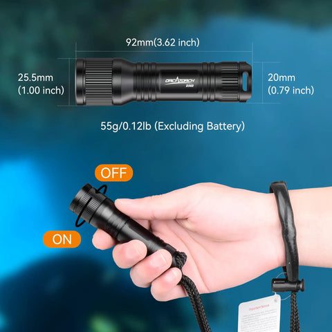Go-To 650 Lumen Underwater Dive Light Headlamp shown in hand with size dimensions and twist switch labeled "ON"