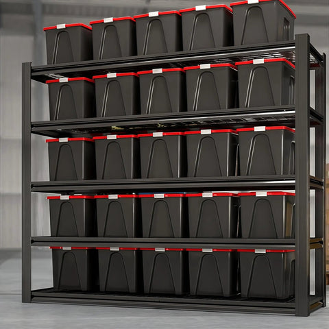 5 Tier Heavy Duty Garage Shelving Unit With 5 Thousand Lbs Capacity Adjustable Steel Shelves For Garage Basement Workshop 62 Inch Wide By 24 Inch Deep By 72 Inch High Rugged Industrial Metal Storage System For Bulky Gear, loaded with storage bins