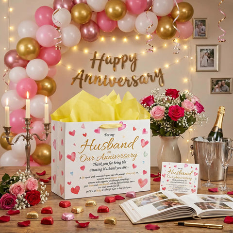 Anniversary Gift Bag For Hubby With Greeting Card And 3 Tissue Paper Romantic Heart Theme Wrap Bag For Men Large Keepsake