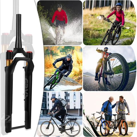 Gravel Front Fork With Air Suspension Built For Rough Gravel Trails displayed alongside cyclists on gravel and road bikes.