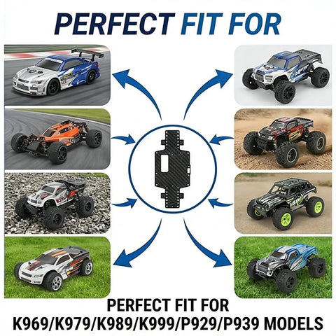 Black Carbon Fiber RC Car Chassis For WLtoys K969 K979 K989 K999 P929 P939 shown with compatible models.