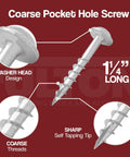 Diagram showing Washer Head Pocket Hole Screws Zinc Coated Number Eight By One And A Quarter Inch Self Tapping with details
