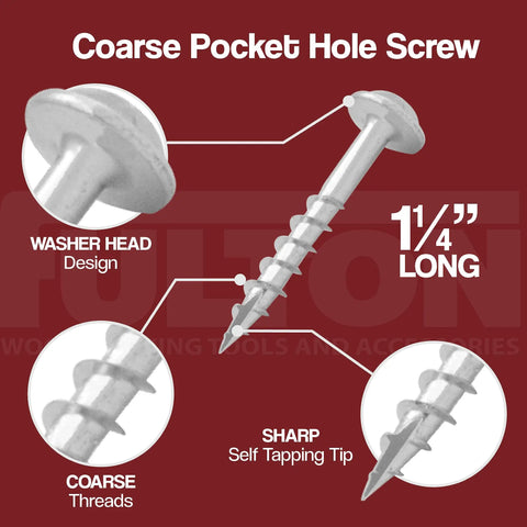 Diagram showing Washer Head Pocket Hole Screws Zinc Coated Number Eight By One And A Quarter Inch Self Tapping with details