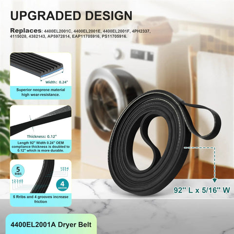 All In One Dryer Repair Kit For LG And Kenmore Dryers With Drum Roller Belt Idler Pulley And Spring Replacement Includes 4581EL2002C 4400EL2001A 4561EL3002A 4581EL3001E 4581EL2002A, showing a black dryer belt with specifications.