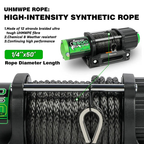 Beefy 5500lb Off Road ATV UTV Winch With 12V Electric Power, 1/4 Inch By 50 Foot Synthetic Rope, Wireless Remote And Wired Switch, Hawse Fairlead, IP67 Waterproof, Heavy Duty Winch For Mud And Rough Trails, close-up of 1/4 x 50 synthetic rope