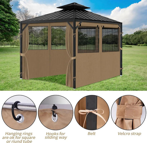 10x12 Gazebo Curtains With Mosquito Mesh Window Four Panels Side Wall Zipper 2 In 1 Privacy No Fuss Universal Replacement For Patio Outdoor Canopy Garden Backyard Khaki Curtain Only, installed view