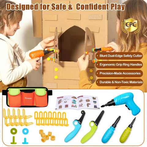 Kids Cardboard Construction Tool Set With Safe Kid Friendly Hands On Drill And Tool Belt 258 Pieces STEM Building Kit For Hands On Creative Projects And DIY Engineering Fun For Boys And Girls At Home Or In School, kids building cardboard castle