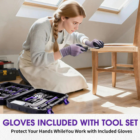 Woman using General Household Tool Set For Women And DIYers With A Purple Hand Tool Kit And Waist Pouch And Gloves