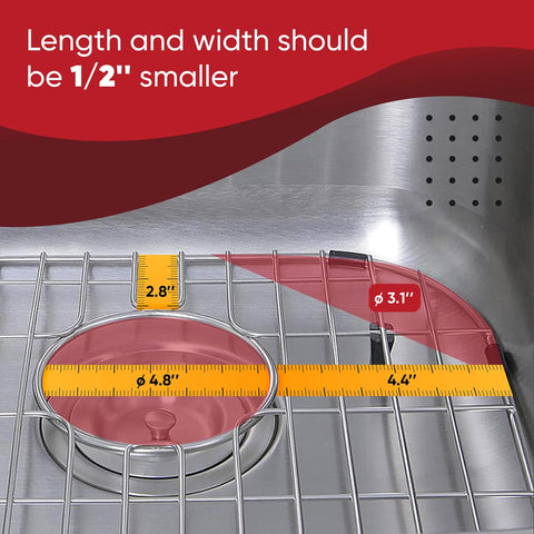 Close-up of Premium Stainless Steel Sink Protector Set With 13x16 And 11.26x14.5 Grates For Double Bowl Kitchen Sinks No Slip Bottom Grids 2 Pack Fits Most Sinks Today showing measurements.