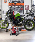 Motorcycle Lift Jack With Wheels 1500 Lbs Hydraulic Dirt Bike Scissor Lift With Handle And Foot Pedal Pro Grade Jack Stand in use