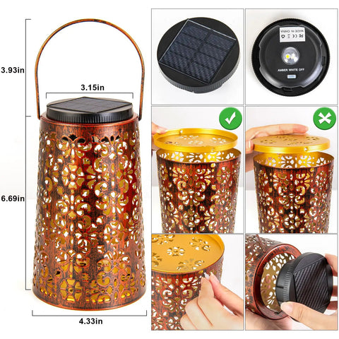 Outdoor Solar Lanterns Hanging Lights showing metal design, solar panel top, and size dimensions with on/off light mode option