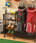 Garage Golf Bag Storage Organizer Holds 2 Full Size Bags With 360 Degree Swivel Wheels Wood Shelves Anti Tip Straps And A Sturdy Steel Frame