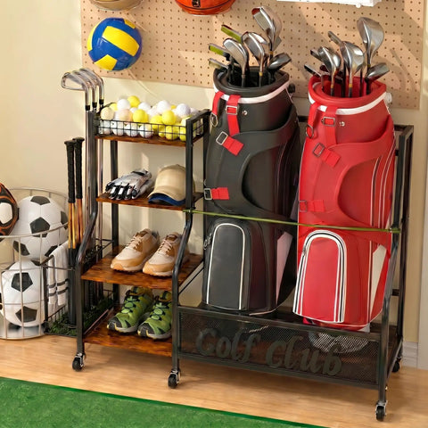 Garage Golf Bag Storage Organizer Holds 2 Full Size Bags With 360 Degree Swivel Wheels Wood Shelves Anti Tip Straps And A Sturdy Steel Frame