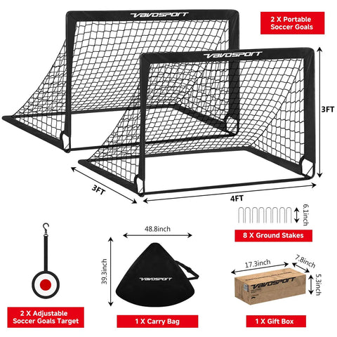 Two Pack 4x3 Feet Kids Soccer Goals For Backyard Portable Pop Up Nets With Targets Carry Bag Ground Stakes Training Gear