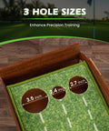 Pro Grade Indoor Outdoor Golf Putting Mat With Automatic Ball Return System showing three hole sizes for precision training