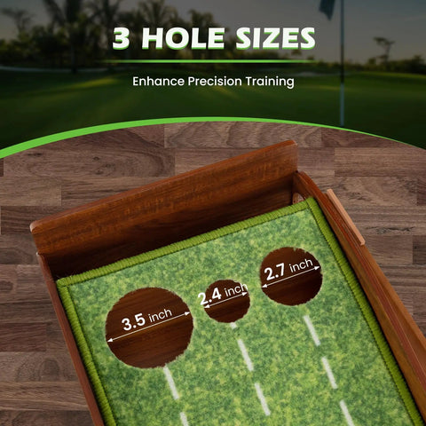 Pro Grade Indoor Outdoor Golf Putting Mat With Automatic Ball Return System showing three hole sizes for precision training