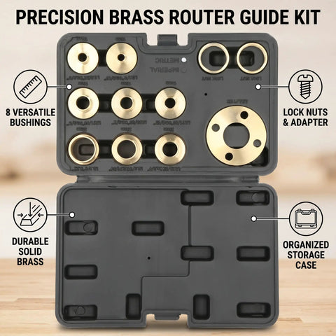 Badass Solid Brass Router Template Guide Set With Eight Precision Bushings And Hammer Tight Lock Nuts For Sweet Dovetail Cuts and Heavy Duty Woodworking Builds in organized case.