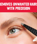 Close-up of Precision Slant Tip Tweezer for Easy Hair Removal, grooming eyebrow with superior control, stainless steel, salon ready.