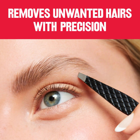 Close-up of Precision Slant Tip Tweezer for Easy Hair Removal, grooming eyebrow with superior control, stainless steel, salon ready.