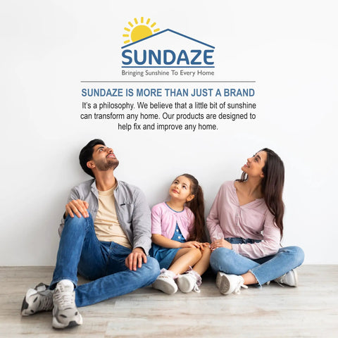 Family sitting on floor looking up at Sundaze brand logo and motto "Sundaze is more than just a brand"