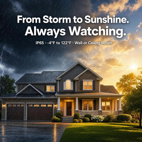 Smooth As Butter 2K Wireless Security Cameras 2 Pack with sharp color night vision mounted on a house under stormy weather.