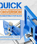 Heavy Duty 7 Inch Quick Release Workbench Vise Rock Solid Ductile Iron Build 3300 Pound Clamping Grip showing adjustable stop block.