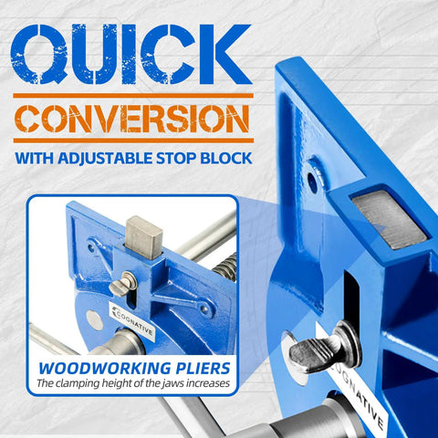 Heavy Duty 7 Inch Quick Release Workbench Vise Rock Solid Ductile Iron Build 3300 Pound Clamping Grip showing adjustable stop block.