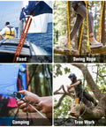 Set of images showing Heavy Duty Arborist Rigging Rope 3/8 In X 100 Ft Double Braided Polyester For Tree Work And Camping in various scenarios.