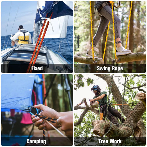 Set of images showing Heavy Duty Arborist Rigging Rope 3/8 In X 100 Ft Double Braided Polyester For Tree Work And Camping in various scenarios.