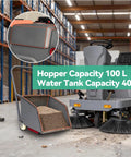 Top Shelf Ride On Floor Sweeper Kicking Dust At 92000 Sq Ft Per Hour packs a 100L hopper and 40L water tank in warehouse.