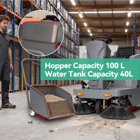 Top Shelf Ride On Floor Sweeper Kicking Dust At 92000 Sq Ft Per Hour packs a 100L hopper and 40L water tank in warehouse.