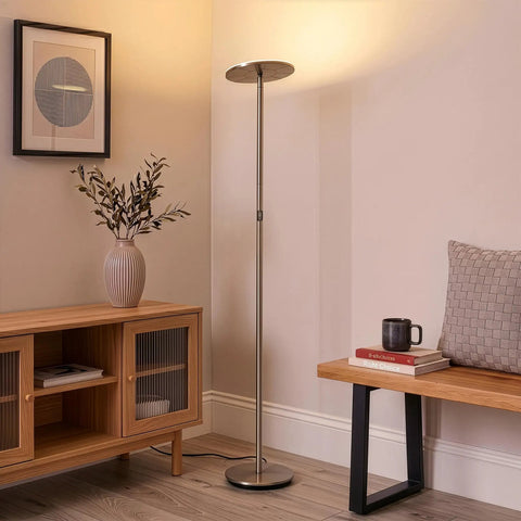 Super Bright LED Floor Lamp Torchiere for Living Room and Office with brushed nickel finish next to wooden cabinet and books