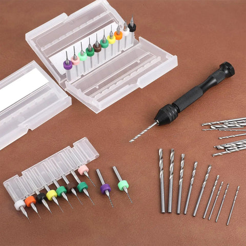 Killer 41 Piece Pin Vise Hand Drill Kit With 20 Micro Twist Bits And 20 Pcb Mini Bits For Tough Diy Crafts, with steel bits organized in cases.