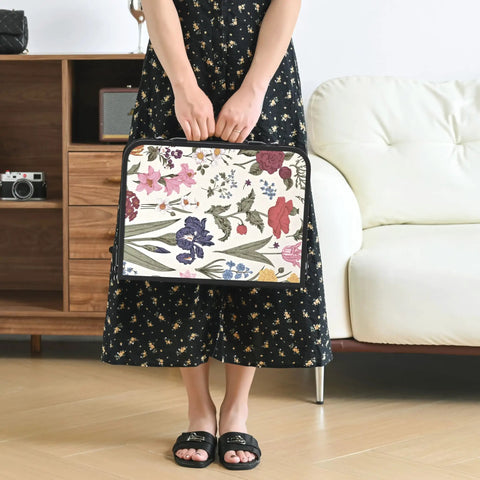 Person holding folded Small Camping Table With Vintage French Floral Pattern Folding Design Adjustable Height Lightweight Portable Picnic Table With Carry Handle For Patio Living Room And Travel