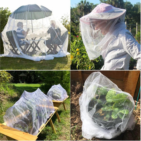 8x24ft Garden Netting Pest Barrier with 0.8mm ultra fine mesh covering plants and outdoor seating, preventing critters and cicadas.