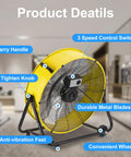 24 Inch High Velocity Drum Floor Fan With 8800 CFM For Garage, Warehouse, Workshop, Factory Or Gym, yellow fan features