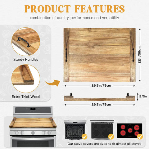 Noodle Board Stove Cover With Handles Adds Extra Counter Space For Electric And Gas Stovetops Acacia Wood Kitchen Organizer For Small Apartments RVs Tiny Kitchens Keeps Stove Clean And Ready For Use