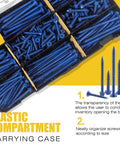 Concrete Screw Assortment Kit With Drill Bit, 300 Pieces, 8 Sizes in plastic compartment, showing screws and organizing box