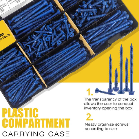 Concrete Screw Assortment Kit With Drill Bit, 300 Pieces, 8 Sizes in plastic compartment, showing screws and organizing box