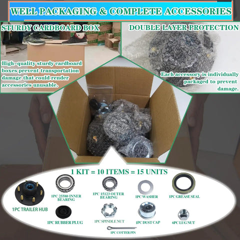 Trailer Hub Kit For 5200 To 6000 Lbs Trailers Six On Five Point Five Inch Bolt Pattern Fits 1.25 To 1.75 Inch Tapered Spindle EZ Lube Pre Lubricated Bearings 25580 And 15123 Complete Idler Axle Kit packaging